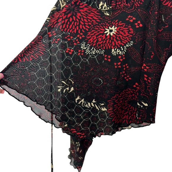 MCM Y2K Vintage Women Black & Red Floral Goth Top SZ XL Bell Asymmetric Sleeve - Picture 13 of 16